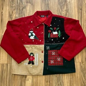 Take To Christmas Fleece Patches Work Cardigan Sweater   Sz XL